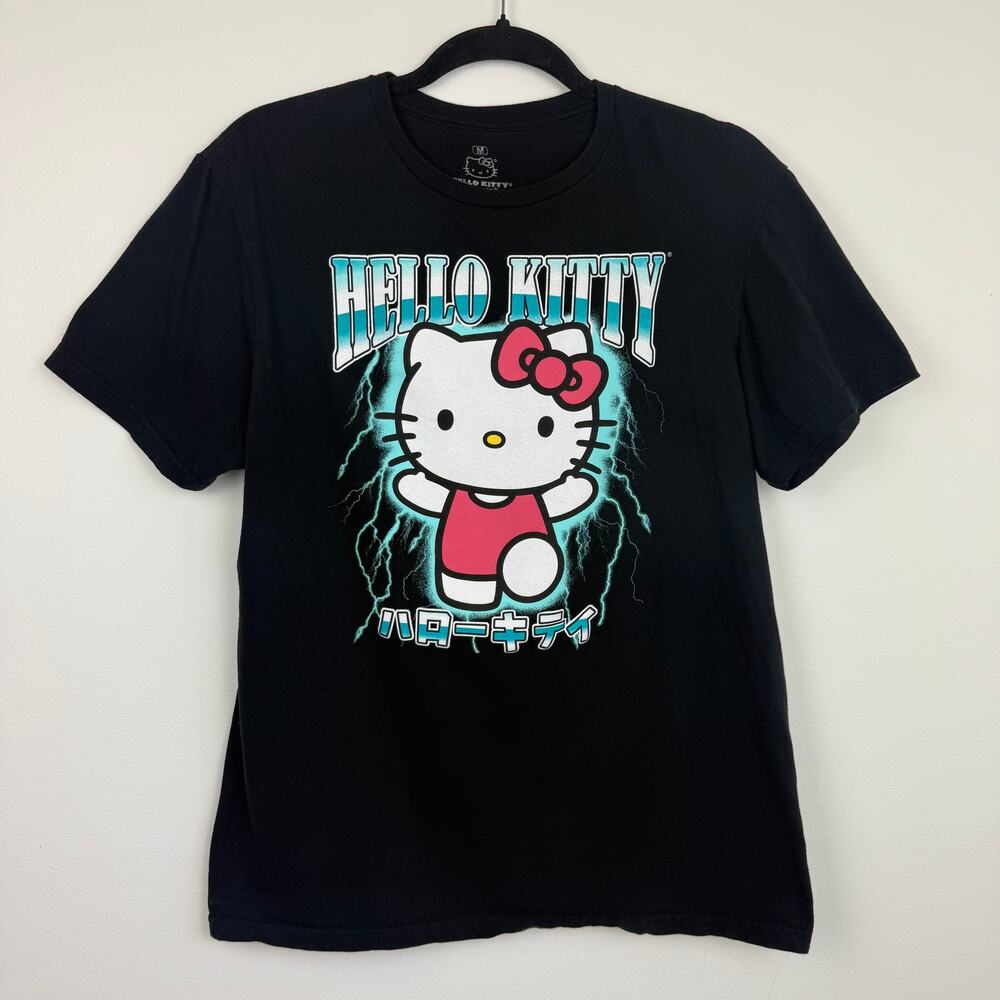 Hello Kitty Sanrio Unisex Adults Lightning Print Crewneck Black T-Shirt Medium